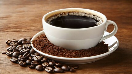 A cup of black coffee with coffee grounds and beans on a wooden table.