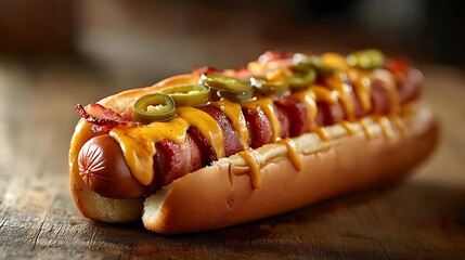 A savory bacon-wrapped hot dog with melted cheese and jalape&ntilde;os