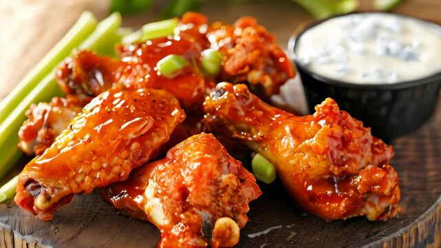 Close-up of golden crispy fried chicken wings tossed
