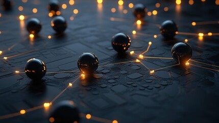 Modern 3D visualization of interconnected glowing nodes and reflective black spheres with orange lighting.
