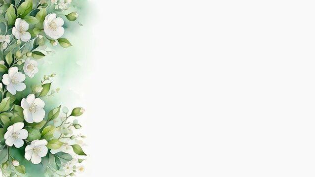 Beautiful original light background for creating presentation slides or web design. Delicate white flowers among green leaves are placed from the left edge. Enough space for text. Watercolor. AI.