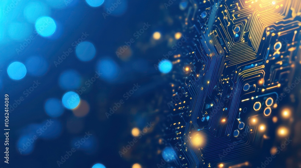 Poster abstract representation of a circuit board with glowing elements and a blurred background.