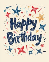 Whimsical handwritten "Happy Birthday" text with playful stars