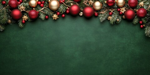 Green backdrop adorned with Christmas decorations, featuring festive ornaments and holiday greenery.