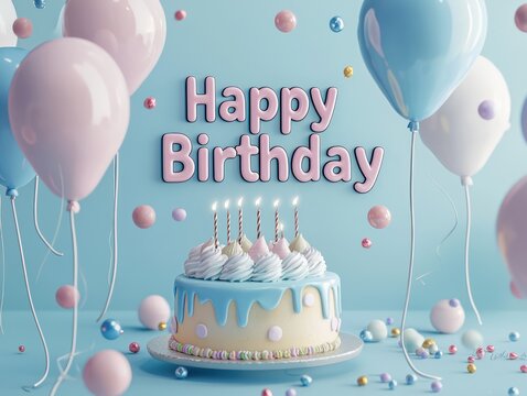 Whimsical "Happy Birthday" script with pastel balloons and a cartoon-style birthday cake