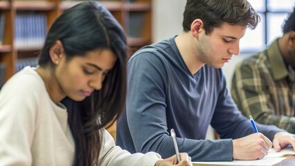 Students Writing with Pens and Paper in Study Session