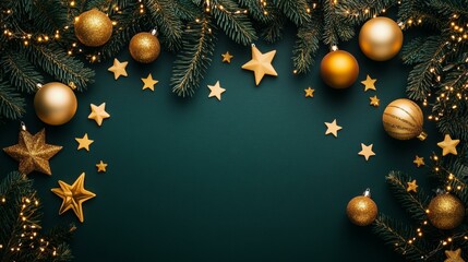 Christmas tree adorned with golden stars, festive ornaments on green backdrop. Holiday celebration scene.