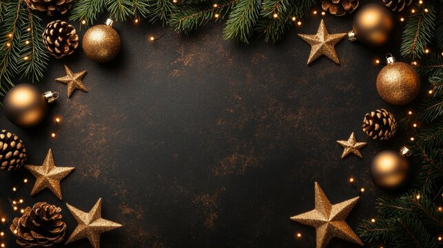 Christmas tree adorned with gold stars, pine cones, green branches, festive holiday decoration.
