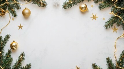 Golden decorations with fir branches on festive holiday background, creating warm and elegant Christmas scene.