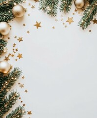 Festive holiday scene with golden stars, fir branches, creating warm, inviting seasonal ambiance.