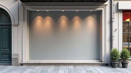 Modern storefront with elegant display lighting on a sunny day in an urban setting ready for visual merchandising
