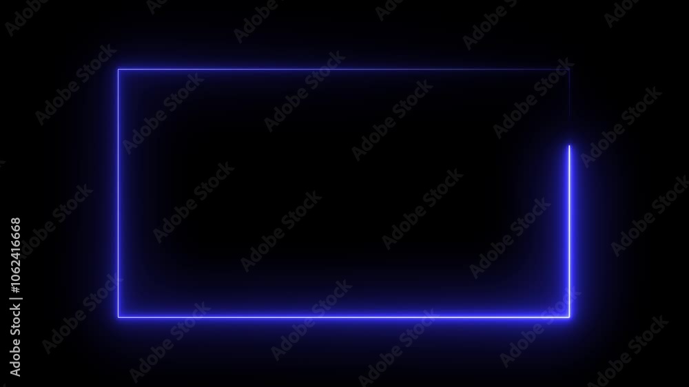 Poster abstract blue neon glowing line frame, animated moving led light screen box projection 3d rendering,