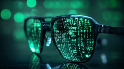 Sunglasses reflecting green digital code on a blurred background.