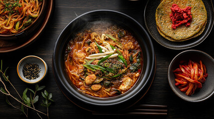 A steaming hot Korean stew is placed in a black bowl, garnished with scallions. Various colorful side dishes complement the meal on a rustic table