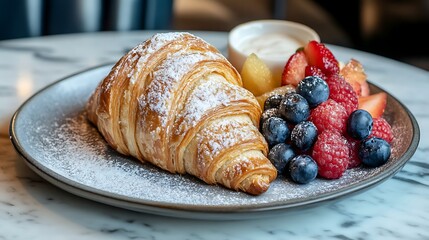 A warm, buttery almond croissant served with a side of fresh fruit