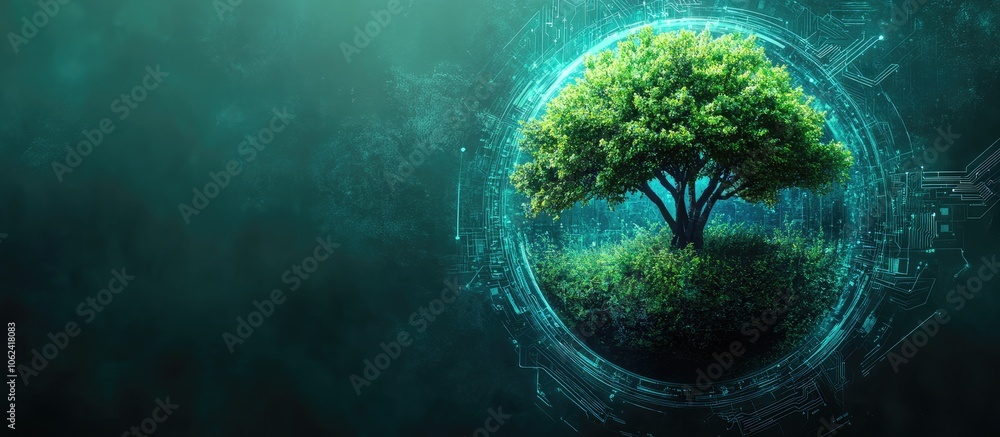 Poster a single tree inside a futuristic orb, surrounded by glowing lines and a teal background.
