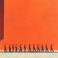Workers march in unison against a bold orange background capturing industrial spirit and teamwork