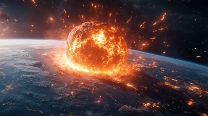 Fototapeta premium A massive fiery meteorite impacting Earth, creating an explosion with molten debris scattering.