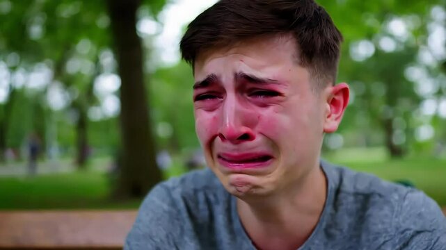 Teenager Boy Crying on Park Bench in Emotional Moment