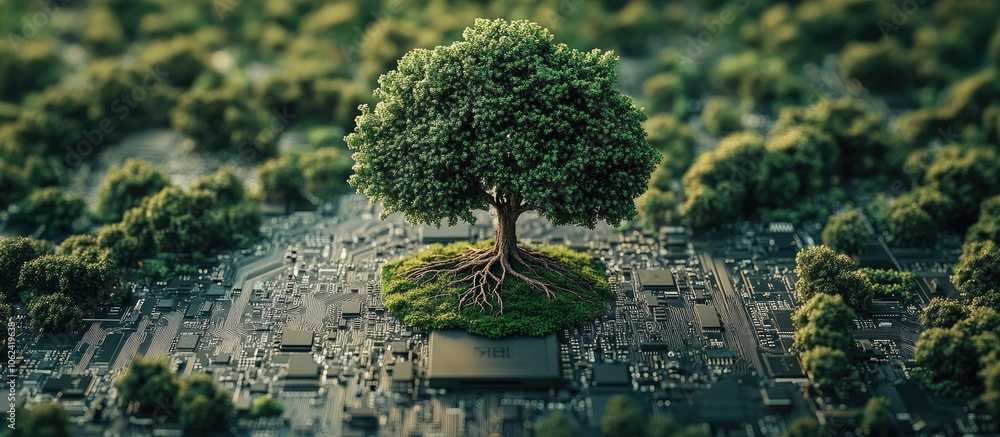 Poster a large tree grows from a circuit board in a field of green trees.
