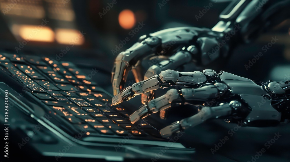 Poster a robotic hand typing on a keyboard, showcasing advanced technology and automation.