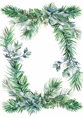 Watercolor christmas frame with poinsettia, spruce branch and cotton flower. New year design for postcard