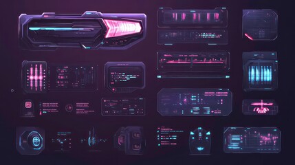 Futuristic interface design featuring various digital panels and controls.
