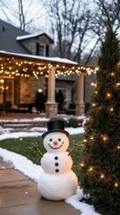 Obraz premium A cheerful snowman grins brightly, dressed in a cozy hat and scarf, surrounded by softly blurred Christmas trees in pastel colors