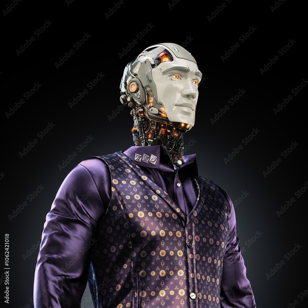 Poster Futuristic humanoid robot wearing patterned vest and shirt with intricate exposed mechanical components and glowing elements, showcasing artificial intelligence technology in a dark studio setting