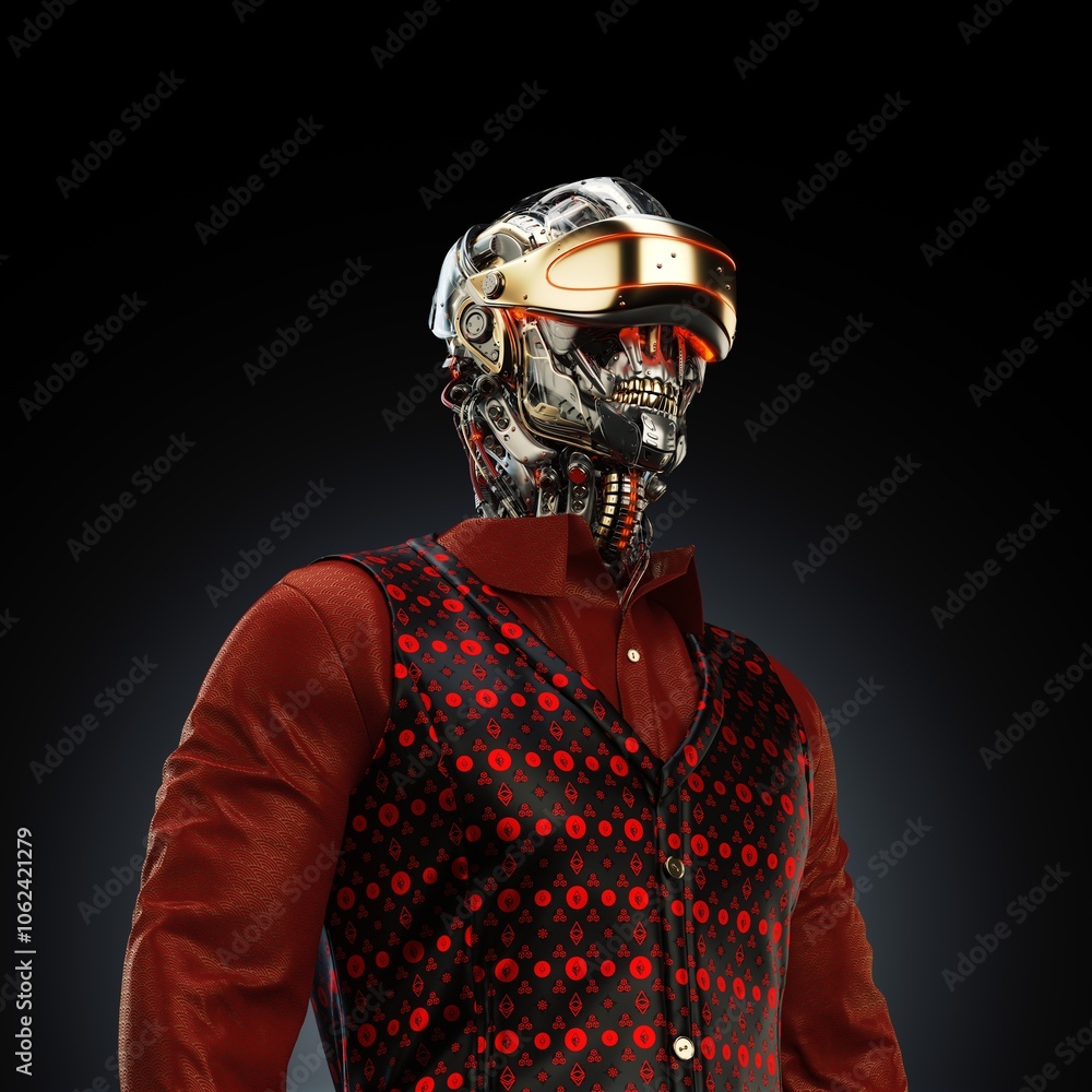 Poster futuristic humanoid robot in stylish red and black vest with high-tech virtual reality headset on a 
