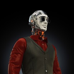 Futuristic humanoid robot with metallic head and sunglasses dressed in elegant red shirt and vest against dark background showcasing advanced technology and artificial intelligence innovation