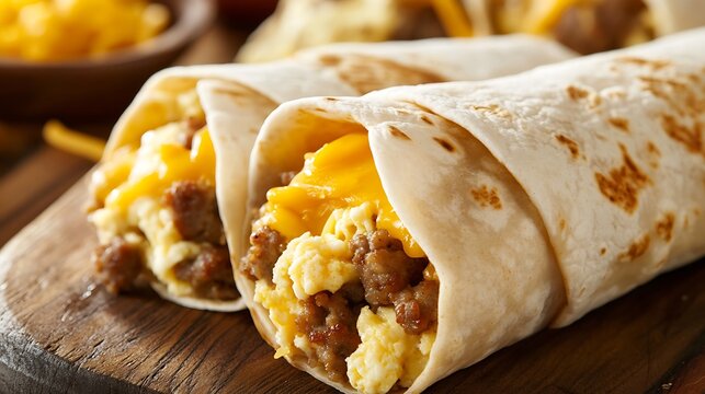 A warm, cheesy breakfast burrito filled with scrambled eggs, sausage, and cheese