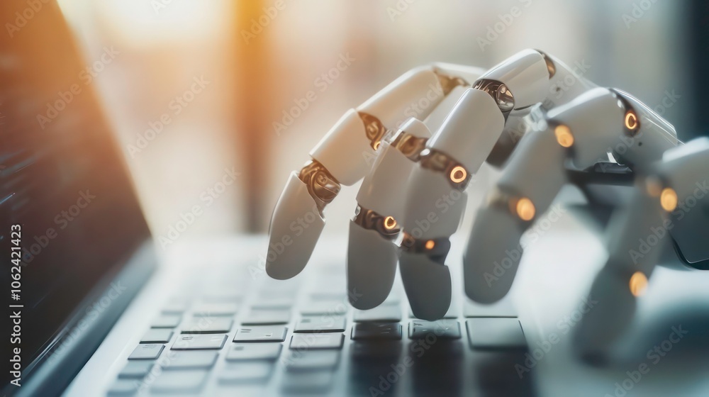 Poster a robotic hand typing on a laptop keyboard, symbolizing technology and automation.
