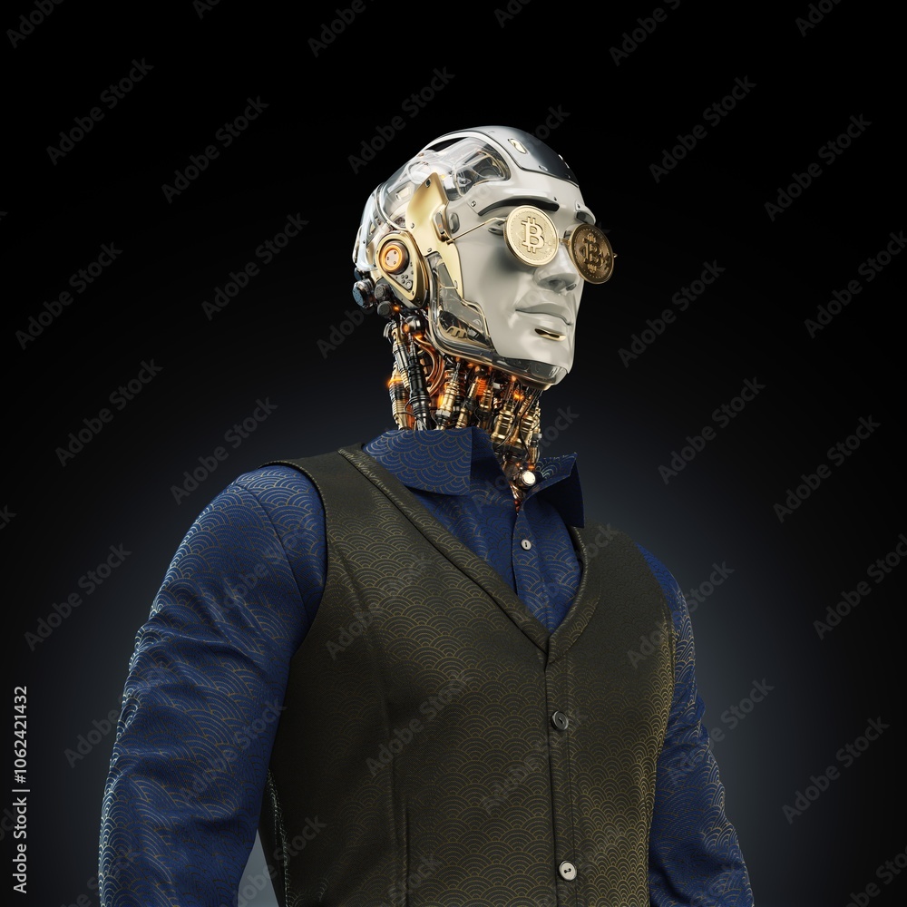 Poster futuristic humanoid robot with intricate mechanical design and bitcoin symbols as eyes, showcasing t