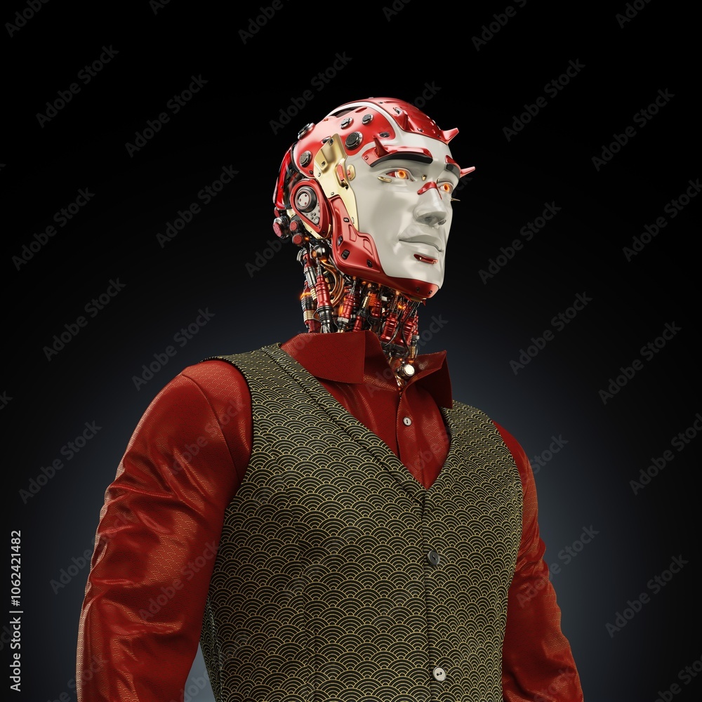 Poster humanoid robot with intricate red and gold circuitry and mechanical features, dressed in a stylish s