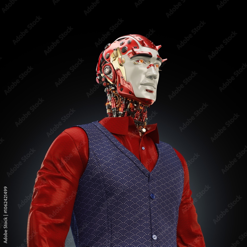 Poster futuristic humanoid robot with intricate red and metallic head design and detailed internal componen