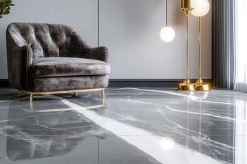 A polished grey marble floor with bold white streaks, matched with a plush velvet armchair and designer lighting.