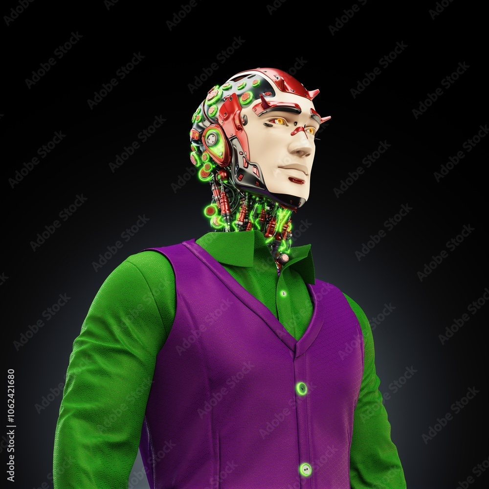 Poster futuristic humanoid robot with exposed circuits and colorful clothing represented in a detailed and 