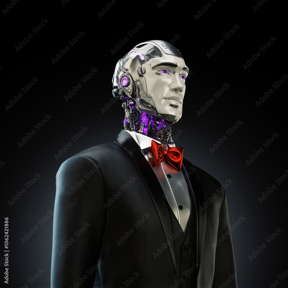 Poster futuristic humanoid robot in a tuxedo with mechanical details, wearing a stylish red bow tie, agains
