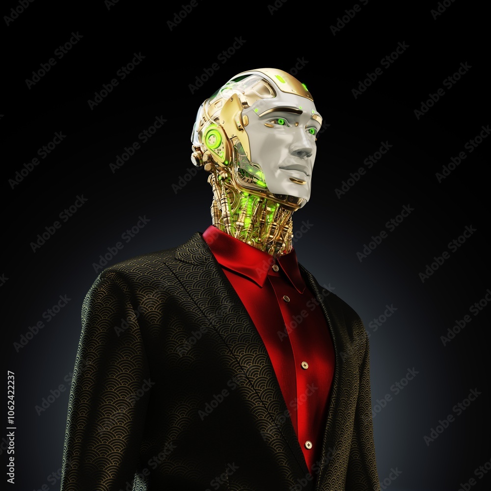 Poster futuristic humanoid android in elegant attire with intricate mechanical details and illuminated comp