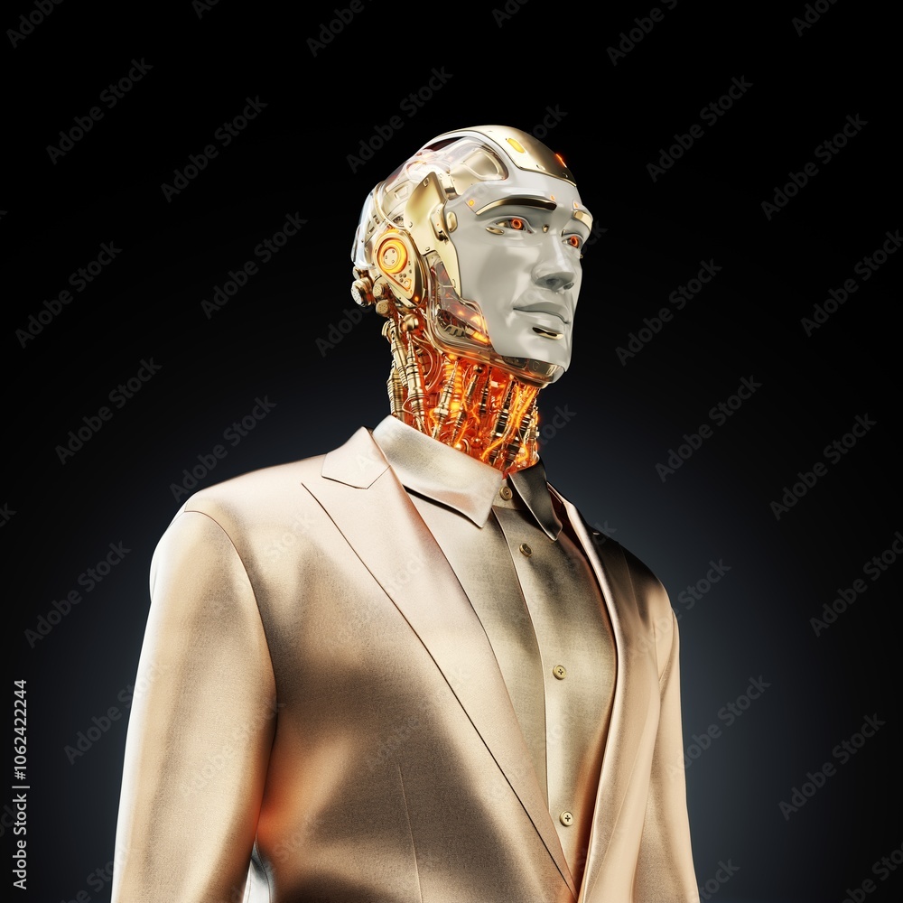 Poster futuristic humanoid robot with a metallic face and intricate circuitry, dressed in a sophisticated b