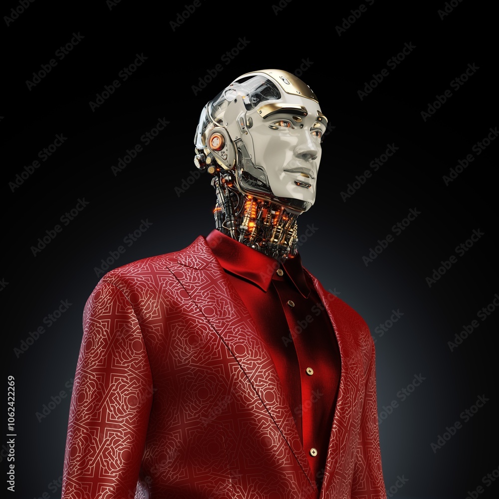 Poster futuristic humanoid robot wearing an elegant red suit with intricate patterns, showcasing artificial