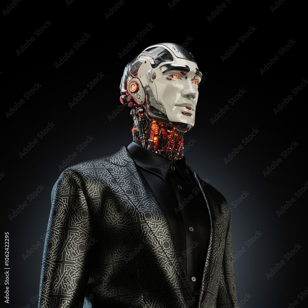 Poster futuristic humanoid robot with illuminated mechanical elements wearing an elegant patterned suit aga