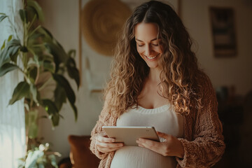 Pregnant woman with a tablet computer device is smiling and happy.