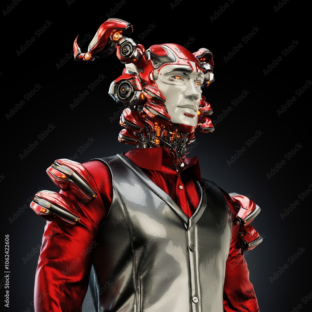 Poster futuristic humanoid robot with intricate red and silver mechanical features standing against a dark 