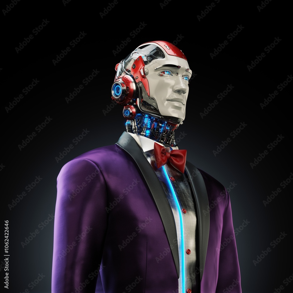 Poster futuristic humanoid robot in a stylish purple suit with a red bow tie, showcasing advanced robotics 