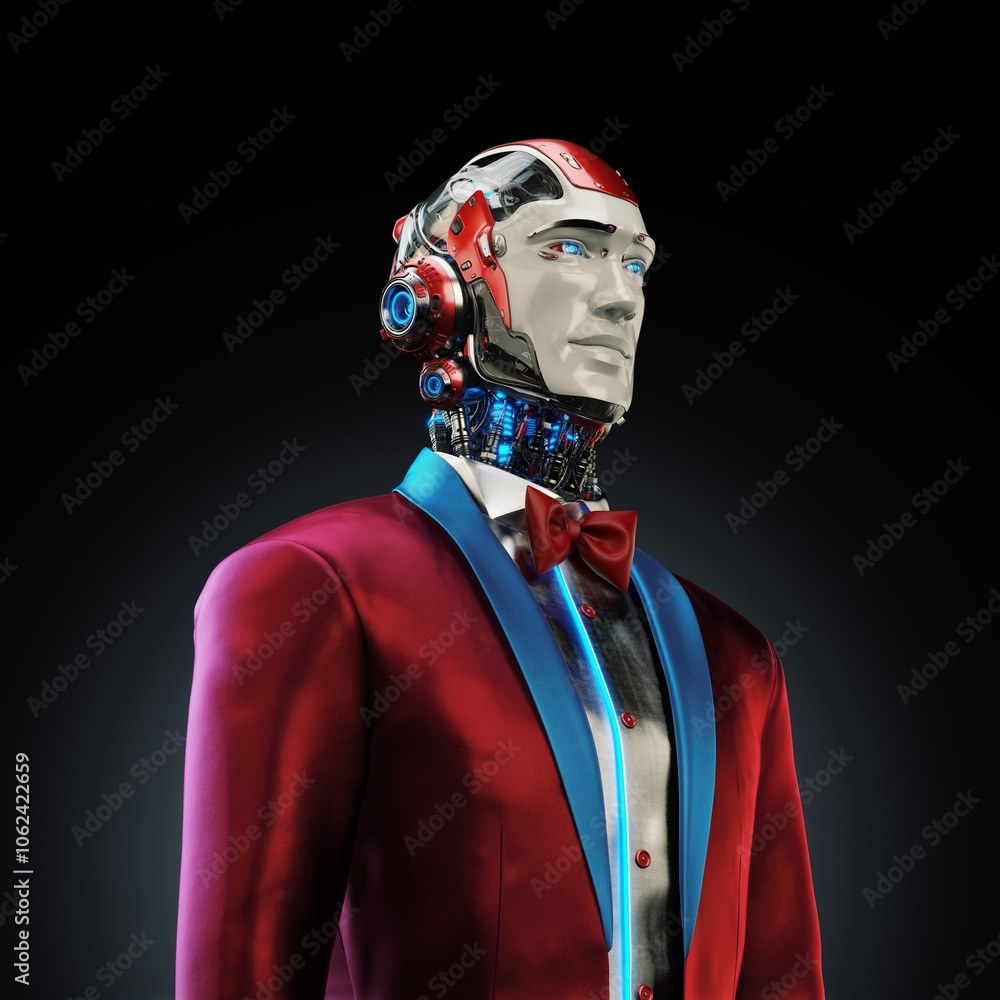Poster futuristic robot in an elegant red suit with bow tie, showcasing advanced technology and sophisticat
