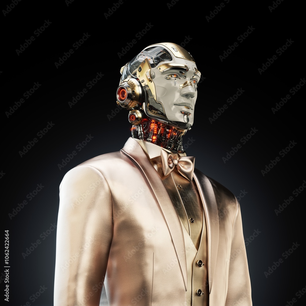Poster futuristic humanoid robot dressed in an elegant metallic tuxedo with intricate details showcasing te