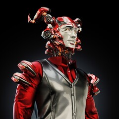 Futuristic humanoid robot with intricate red and silver mechanical features standing against a dark background, showcasing advanced technology and futuristic design concepts in digital artwork