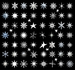 collection of different vector stars for christmas graphics, set of different vector snowflakes for xmas art